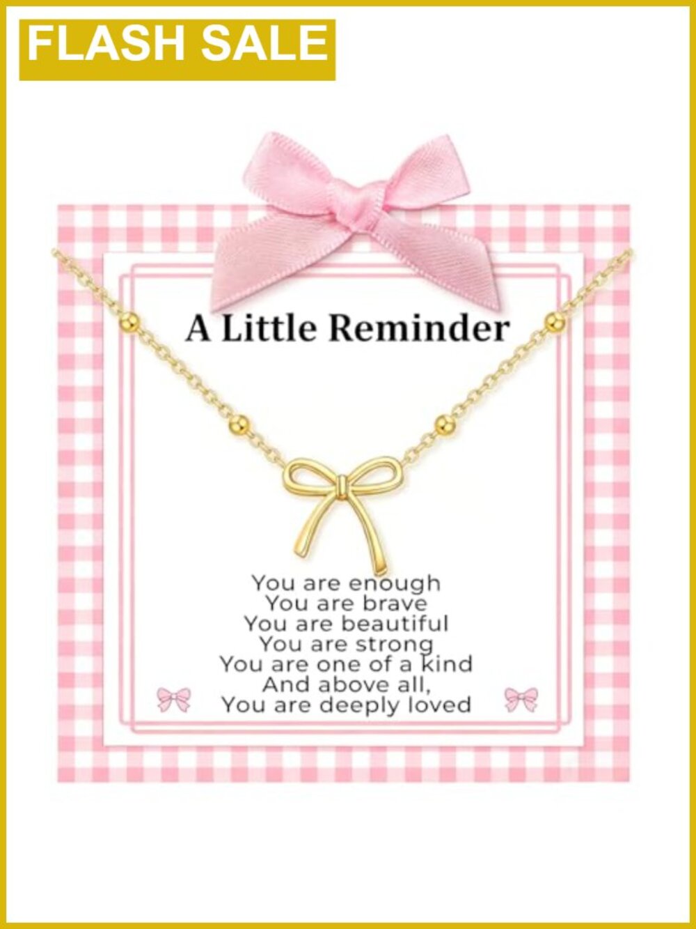 Bow Pendant Necklace with Affirmation Card, 16.5-18.5" Adjustable